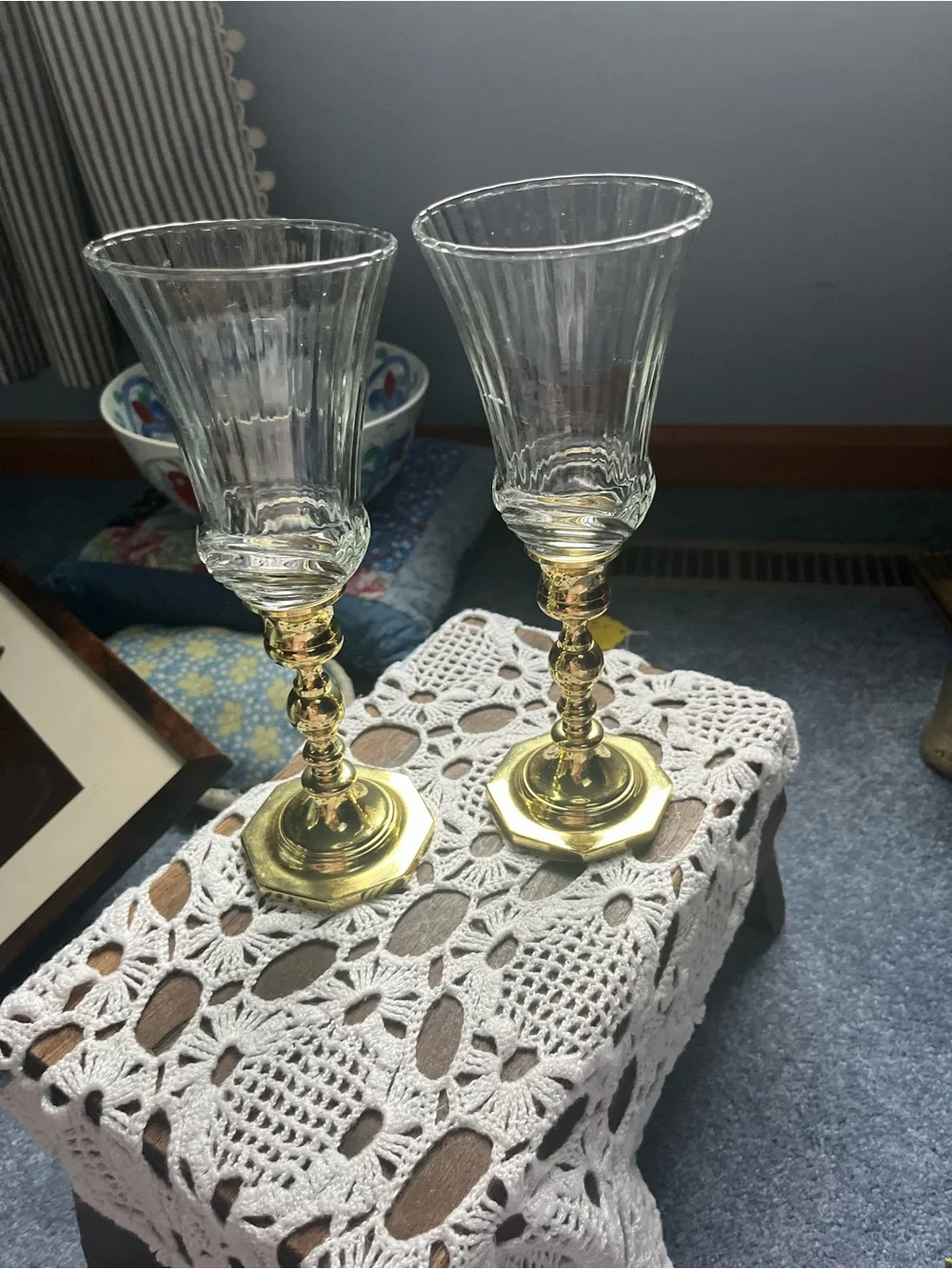 Pair of Elegant Baldwin candlesticks w: Glass fluted peg votives